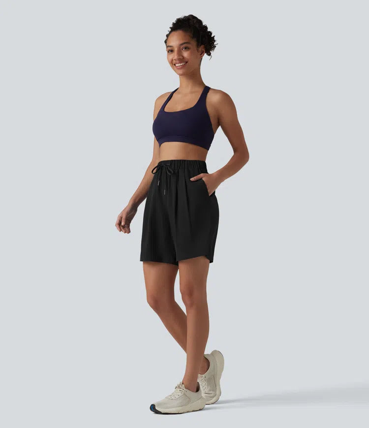 High Waisted Elastic Waistband Drawstring Pleated Yoga Shorts 7&