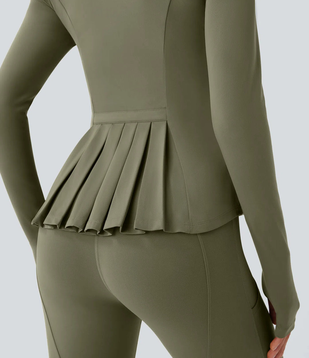 SoftlyZero Stand Collar Thumb Hole Pockets Pleated Zipper Slim Jacket