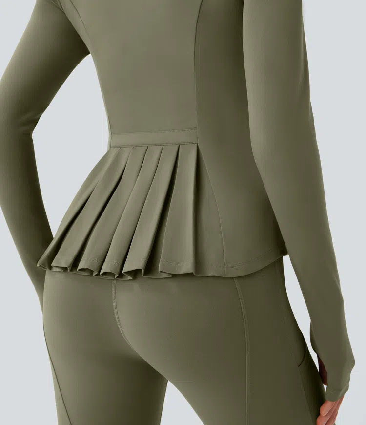 SoftlyZero Stand Collar Thumb Hole Pockets Pleated Zipper Slim Jacket