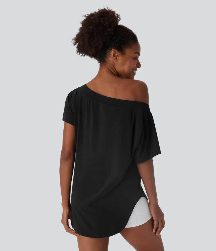 One Shoulder Short Sleeve Curved Hem High Low Quick Dry Yoga Sports Top