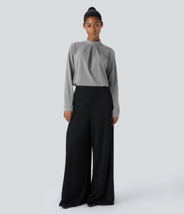 Stand Collar Back Long Sleeve Work Blouse