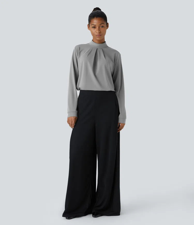 Stand Collar Back Long Sleeve Work Blouse