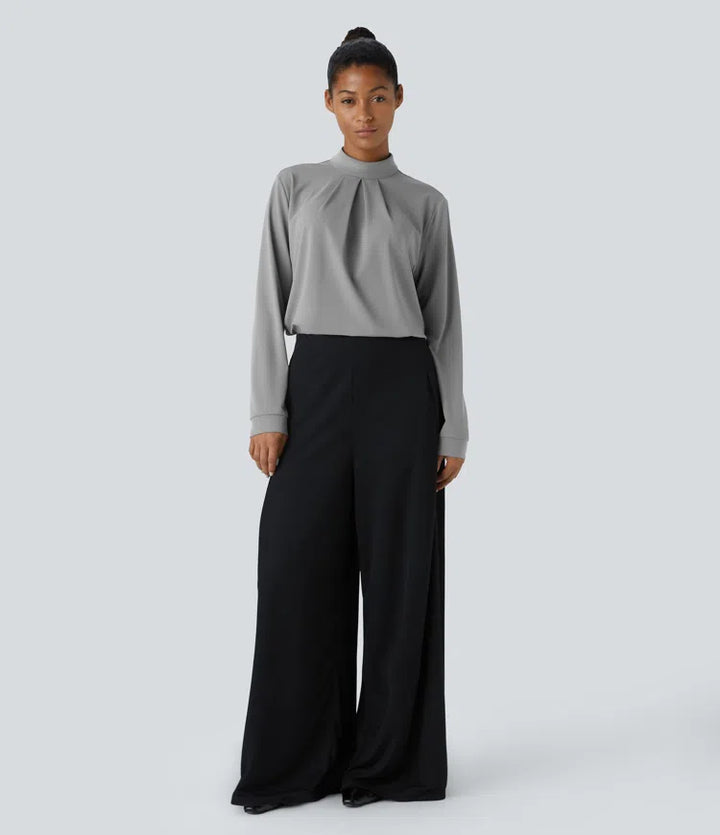 Stand Collar Back Long Sleeve Work Blouse