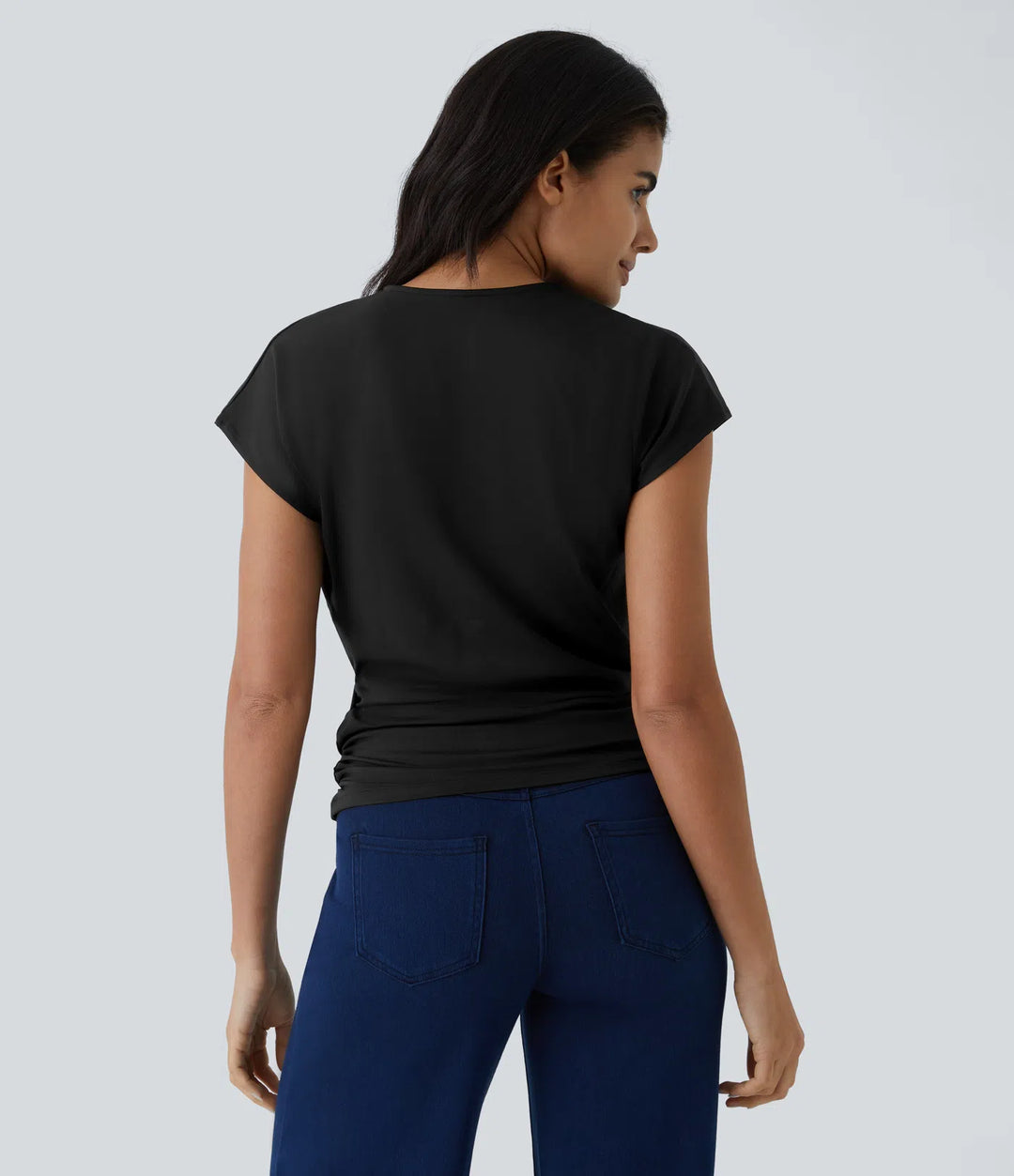 V Neck Cap Sleeve Crossover Ruched Solid Work Blouse