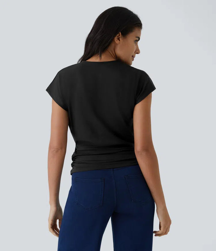 V Neck Cap Sleeve Crossover Ruched Solid Work Blouse
