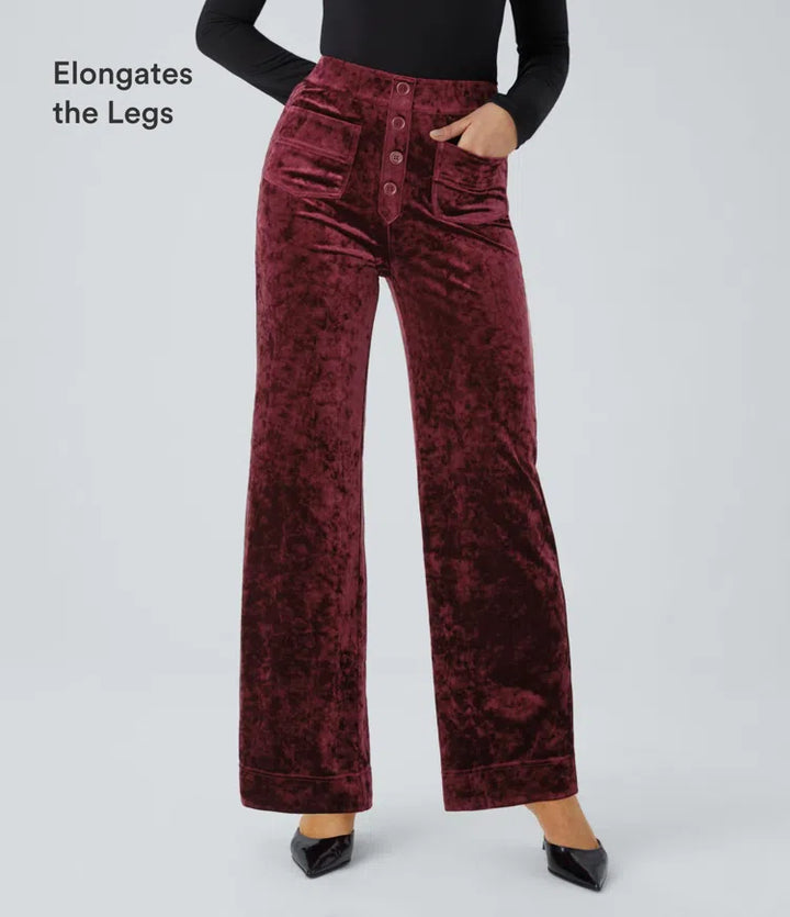 High Waisted Pockets Straight Leg Velvet Casual Pants